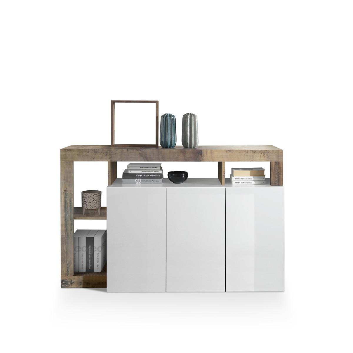 BUFFET 3 Türen Frankfurt - L146 cm - Eichefarben/Weiß, Holzwerkstoff (42/93/146cm) - Calicosy