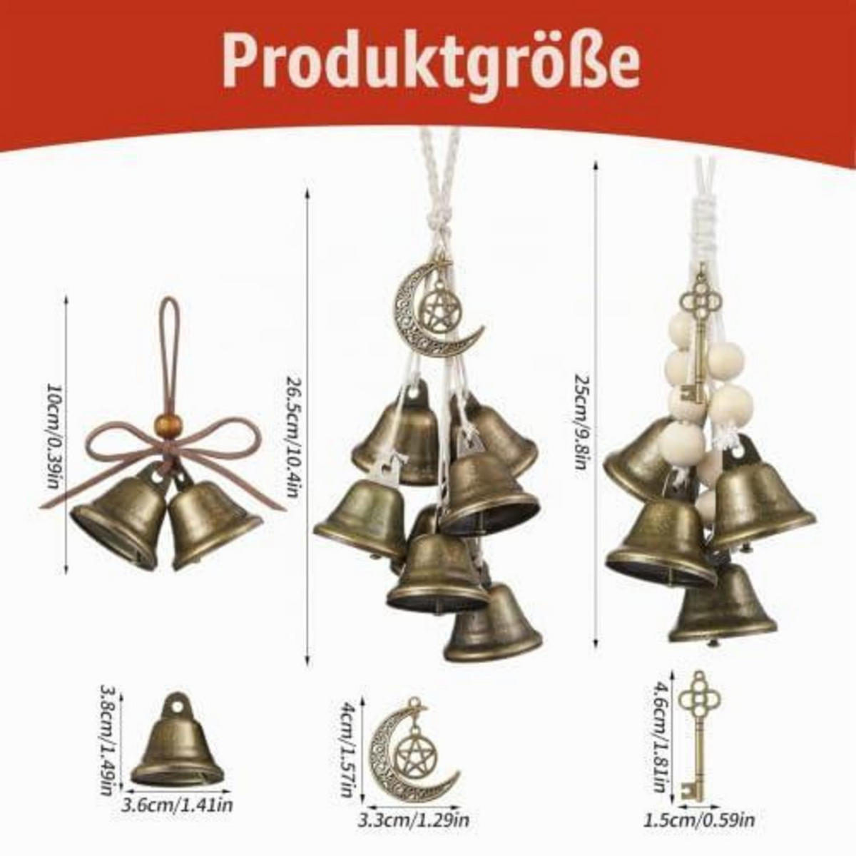 WINDSPIEL 3-teiliges Set Metall mit klarem Klang - Bronzefarben, Metall (26.5/12/10cm)