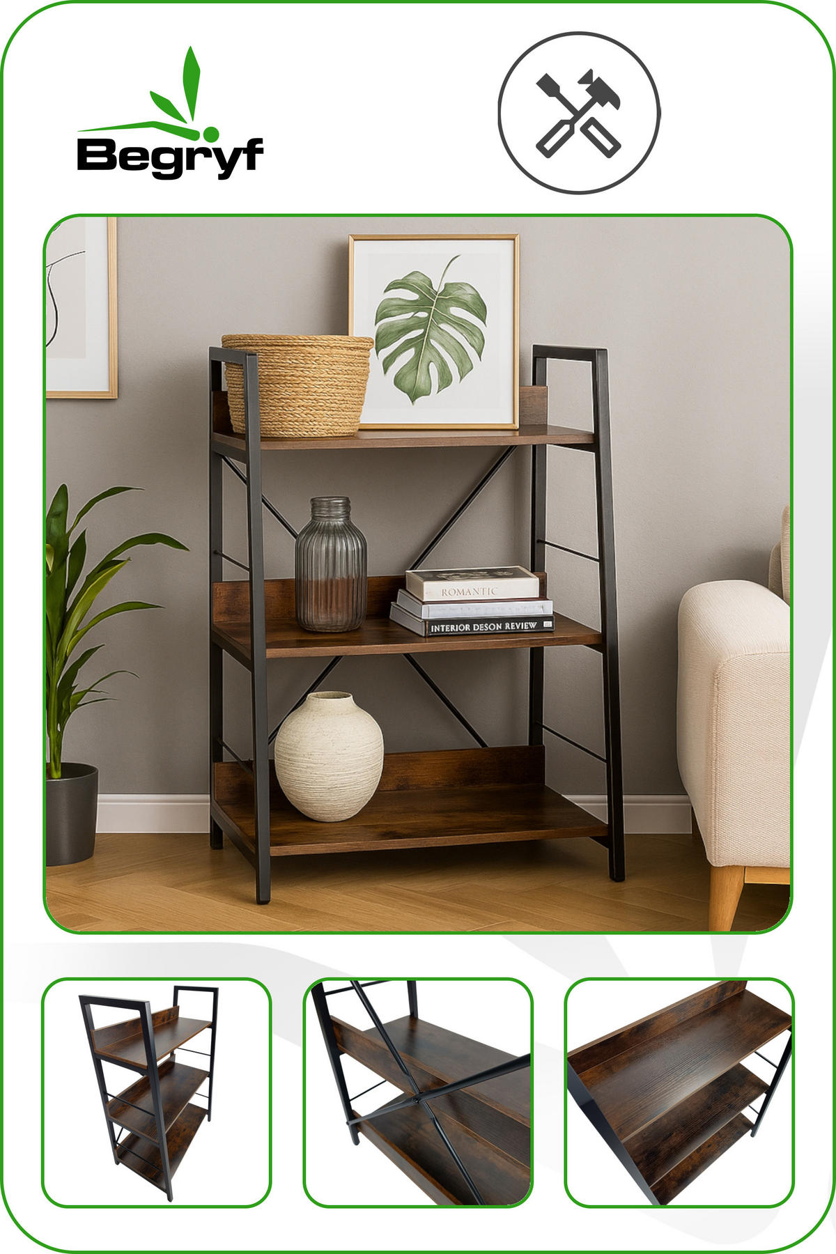 STANDREGAL Holzoptik Metall Dunkelbraun Schwarz 3 Ebenen 61x35x84 cm - Dunkelbraun/Schwarz, Holzwerkstoff/Metall (61/84/35cm) - Begryf