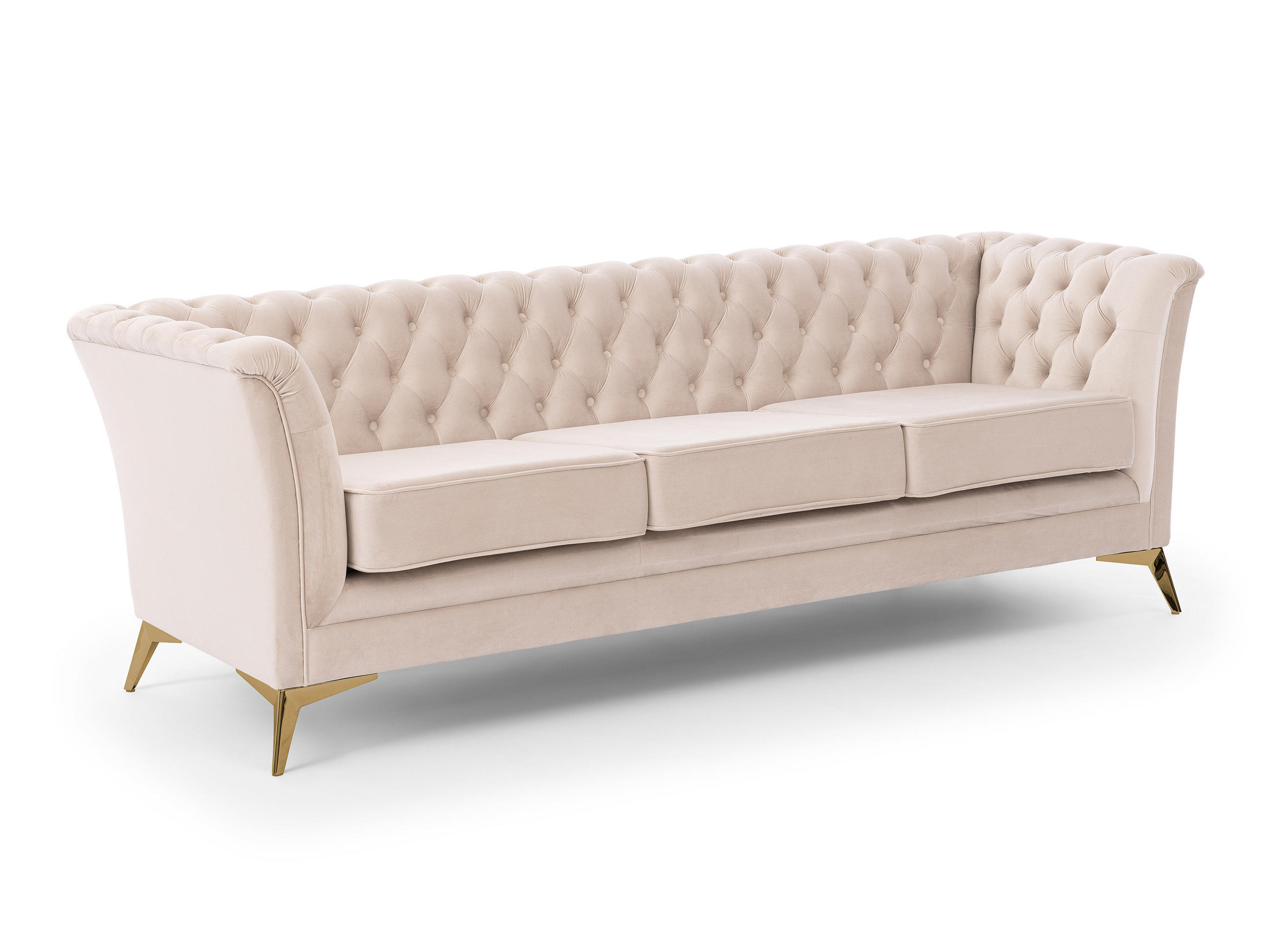 CHESTERFIELD-SOFA 3-sitzer Whitby Beige Samt mit goldenen Füßen - Beige/Goldfarben, Holz/Textil (237/78/82cm) - S-Style Möbel