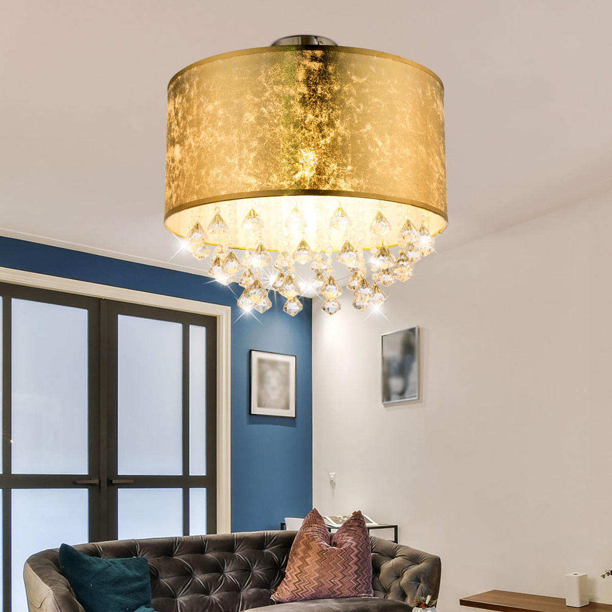 DECKENLEUCHTE Metall Textil Blattgold Kristalle - Goldfarben, Metall (30/30/31cm) - Globo Lighting