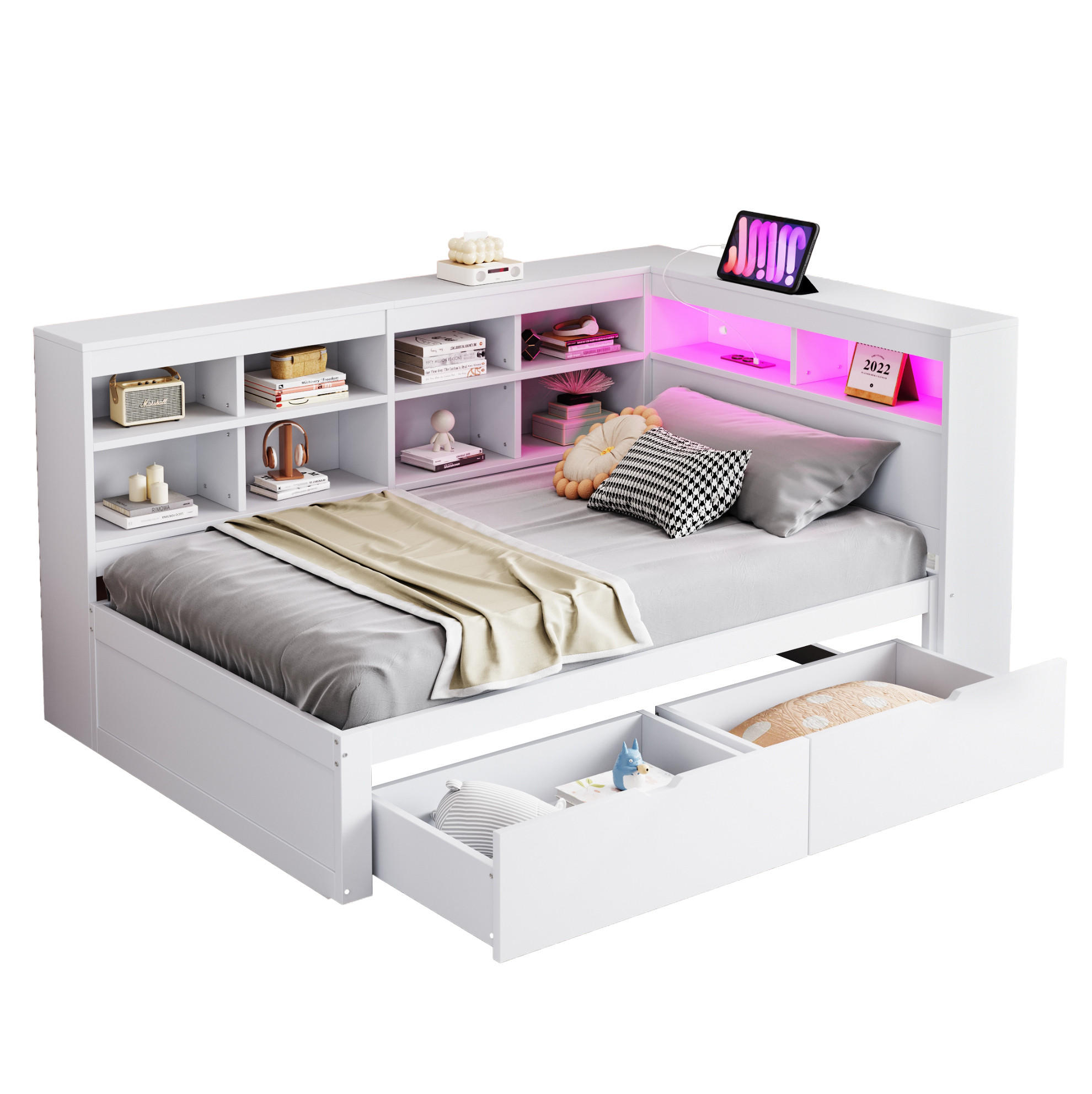 Redom POSTEL 90/200 cm s USB portem, LED osvětlením a úložným prostorem, Bílá
