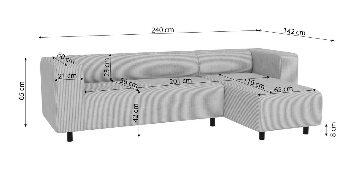 ECKSOFA Tove Hellgrau Cord - Ottomane rechts - Hellgrau/Schwarz, Holz/Kunststoff (240/142cm) - S-Style Möbel