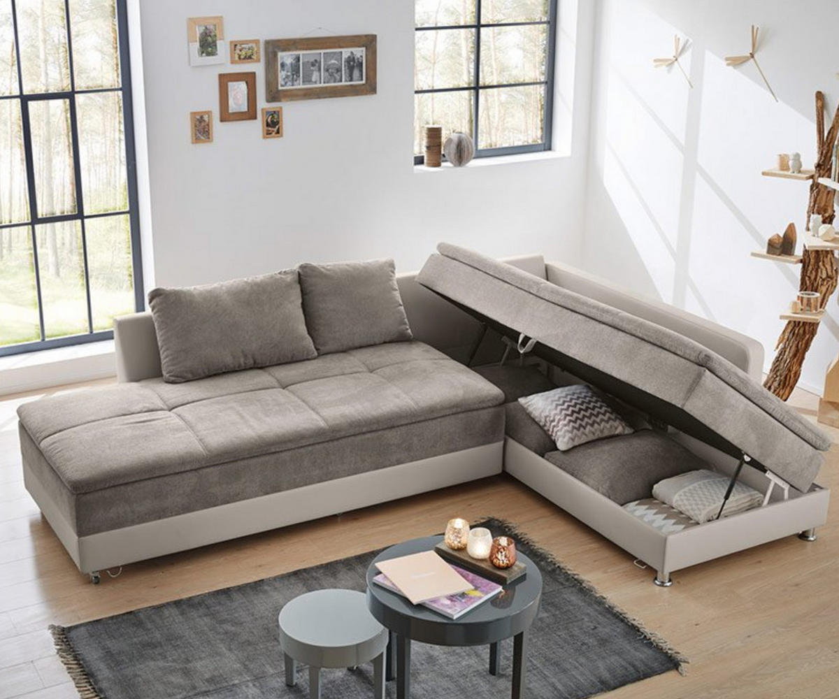 ECKSOFA-DAUERSCHLÄFER Doppelbett Boxspring Federkern Topper, Schwenkteil links B306/T223/H95 cm, Kunstleder Beige+Mikrofaser Grau Braun / 15101 - Chromfarben/Graubraun, Textil/Metall (306/223cm) - luma-home