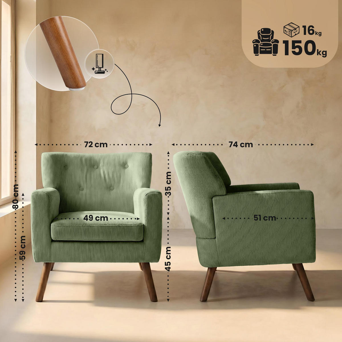 SESSEL Cord Grün - Braun/Grün, Holz/Textil (72/80/74cm) - CLP