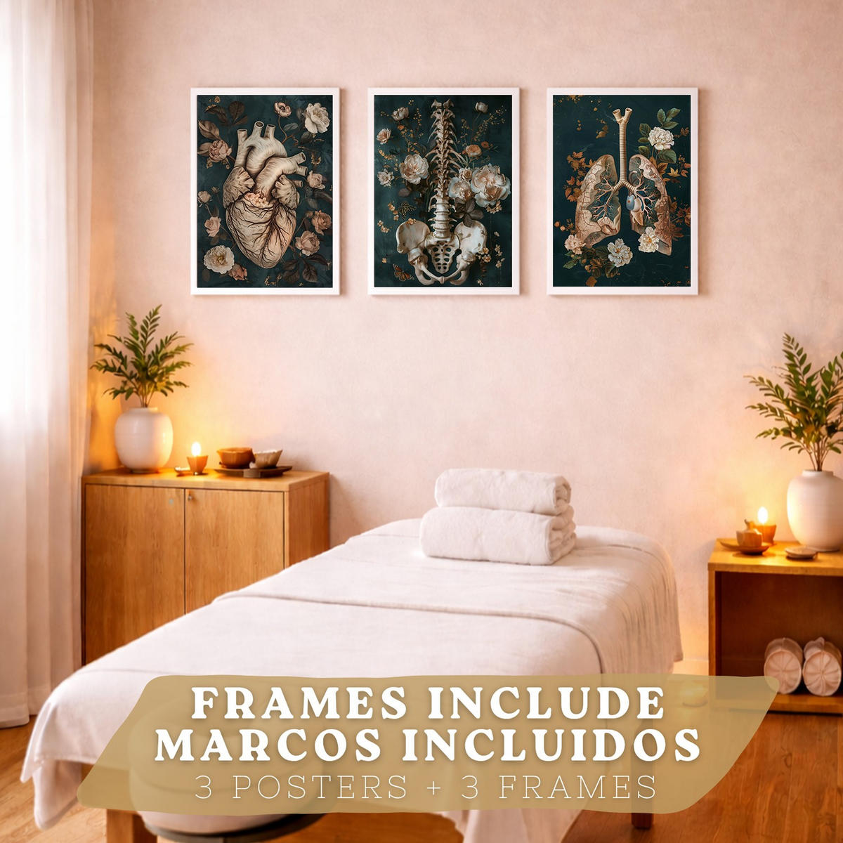 POSTER Set aus 3 Anatomie Mensch Drucke und Wandbilder mit Herz Atmungssystem und Skelett Botanischer Stil Wanddekoration Größe Weißer Rahmen A4 - Weiß, Papier (21/29.7/3cm) - Nacnic