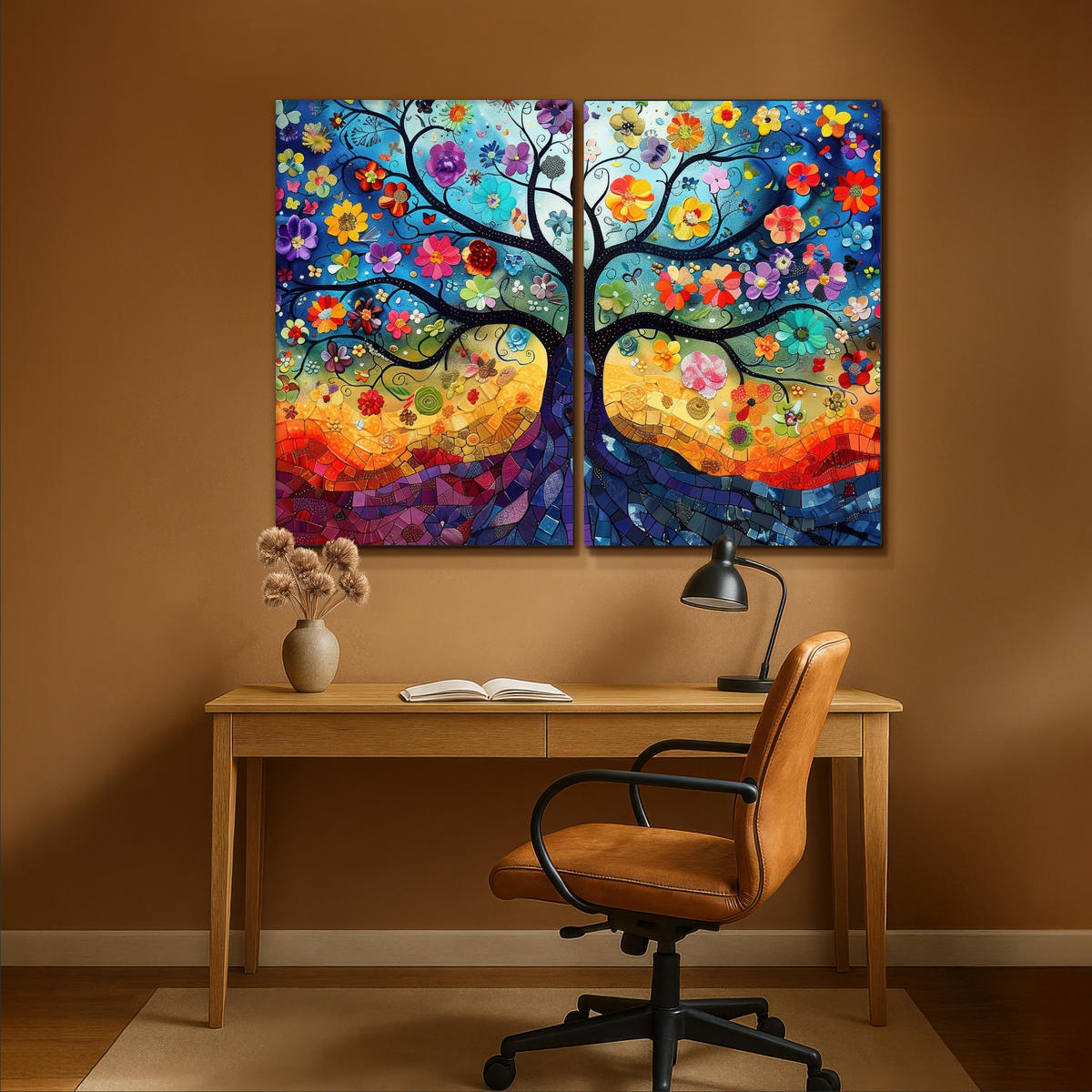 LEINWANDBILD 2er Set Bunt - Baum des Lebens - Blumen - Abstrakt 160x120 cm - Blau, Textil (160/120cm) - MuchoWow