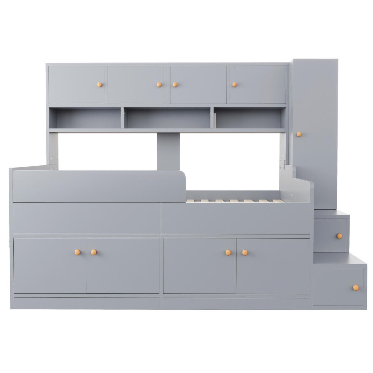 KINDERHOCHBETT 90x200 cm in Grau mit Stauraum, Kleiderschrank und LED-Beleuchtung - Grau, Holz (90/200cm) - IVMEU
