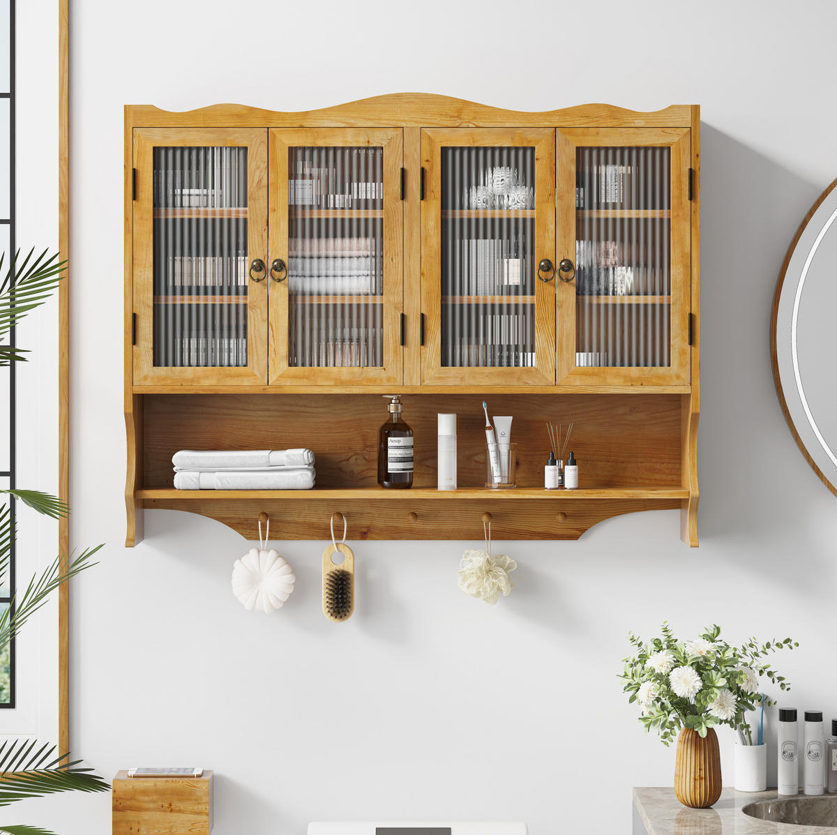 KÜCHENOBERSCHRANK 100/20/80 cm aus Massivholz und Glas mit 4 Türen und Hakenleiste Natur - Naturfarben, Holz (100/80/20cm) - Modenvie