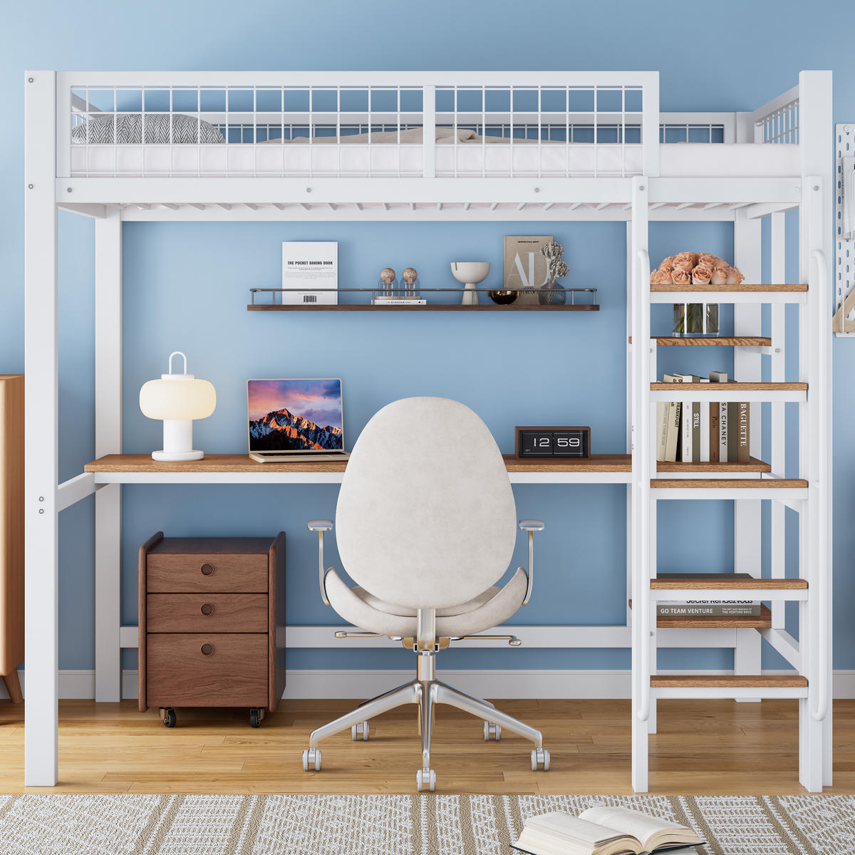 ETAGENBETT 90/200 cm weiß aus Metall mit Tisch und Regalen - Weiß, Metall (90/200cm) - OKWISH