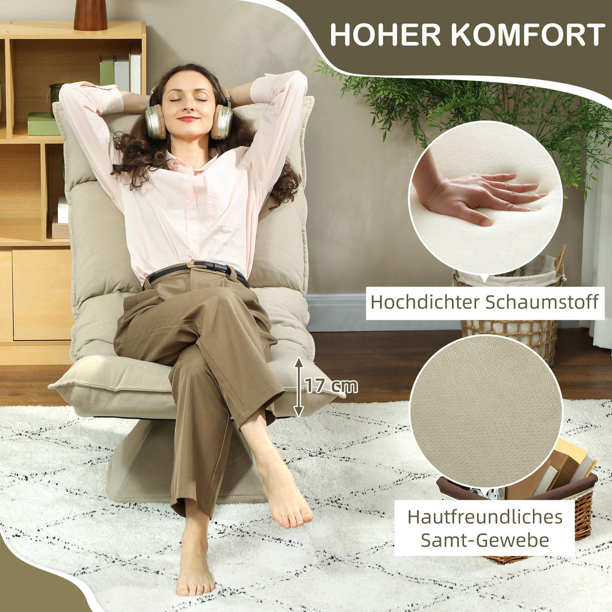 BODENSTUHL Drehbar Bodensessel mit 5-Fach Verstellbarer Rückenlehne Beige - Beige, Kunststoff (62/95/70cm) - HOMCOM