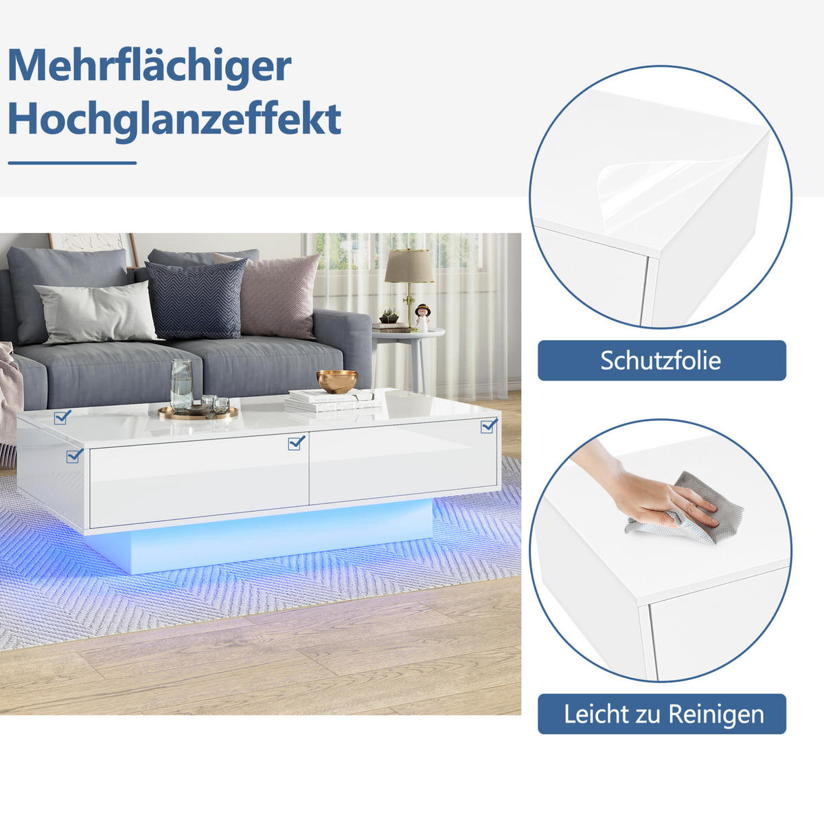 COUCHTISCH 115/55/34 cm in Weiß aus Spanplatte mit LED-Beleuchtung und 2 Schubladen - Weiß, Holzwerkstoff (115/55/34cm) - OKMYHOME