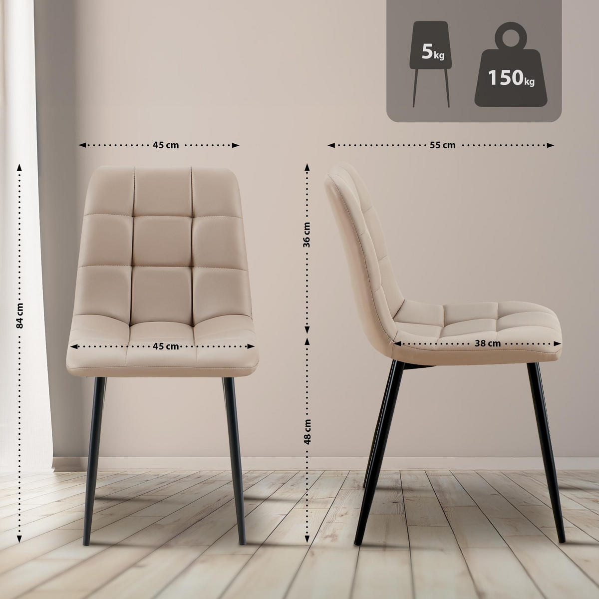 ESSZIMMERSTUHL Antibes Kunstleder 84x45x55 cm - Taupe, Leder (45/84/55cm) - furnicato