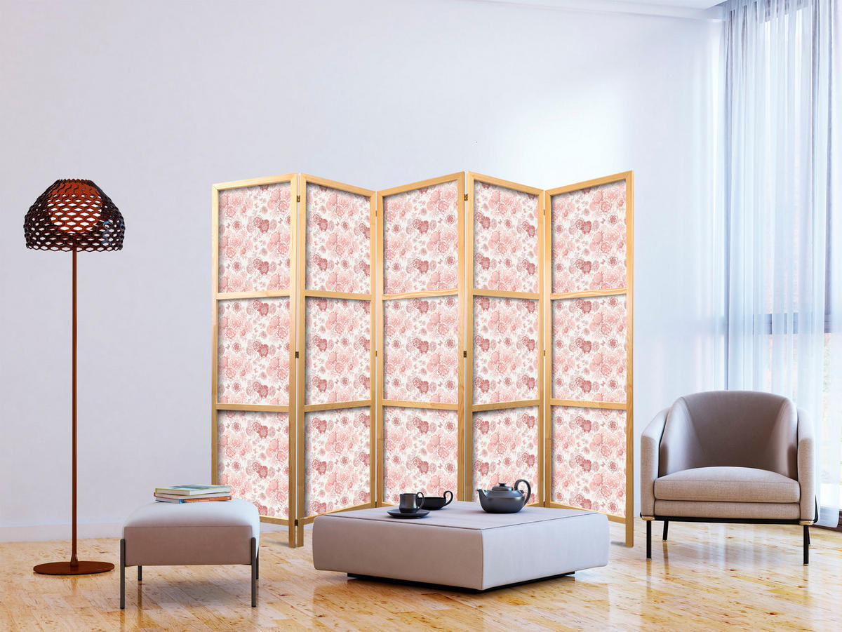 PARAVENT Japanischer 5-tlg 225x172 cm Rosa Blumen - Rosa, Holz/Textil (225/172/3cm) - Muralo