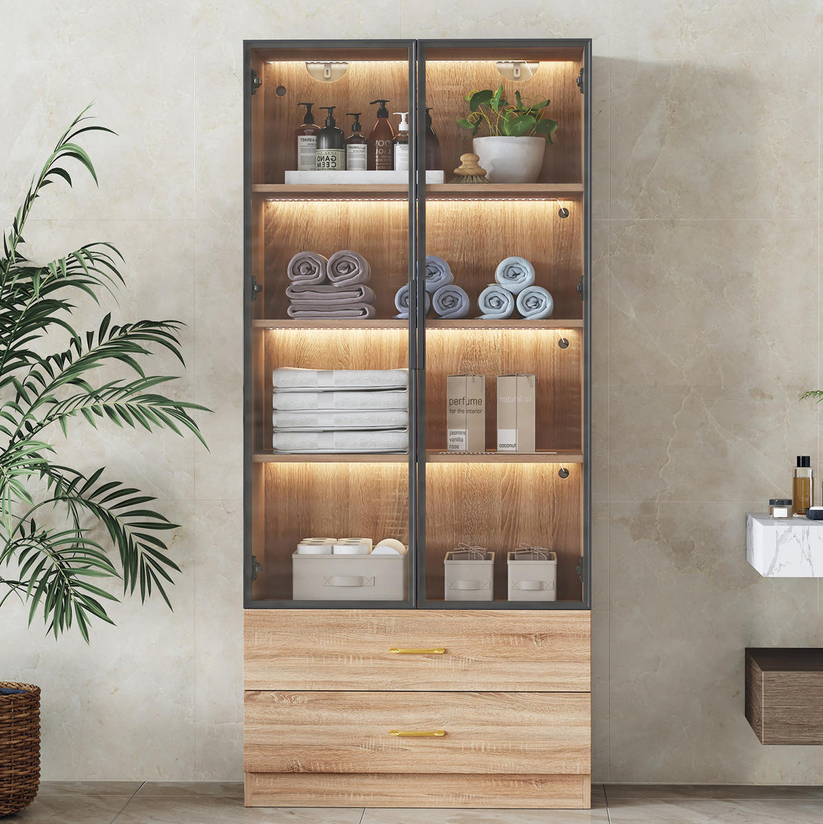 VITRINE 75 cm aus MDF mit Lichtleiste und Glastür Braun - Braun, Holzwerkstoff (75/170/34.5cm) - Modenvie