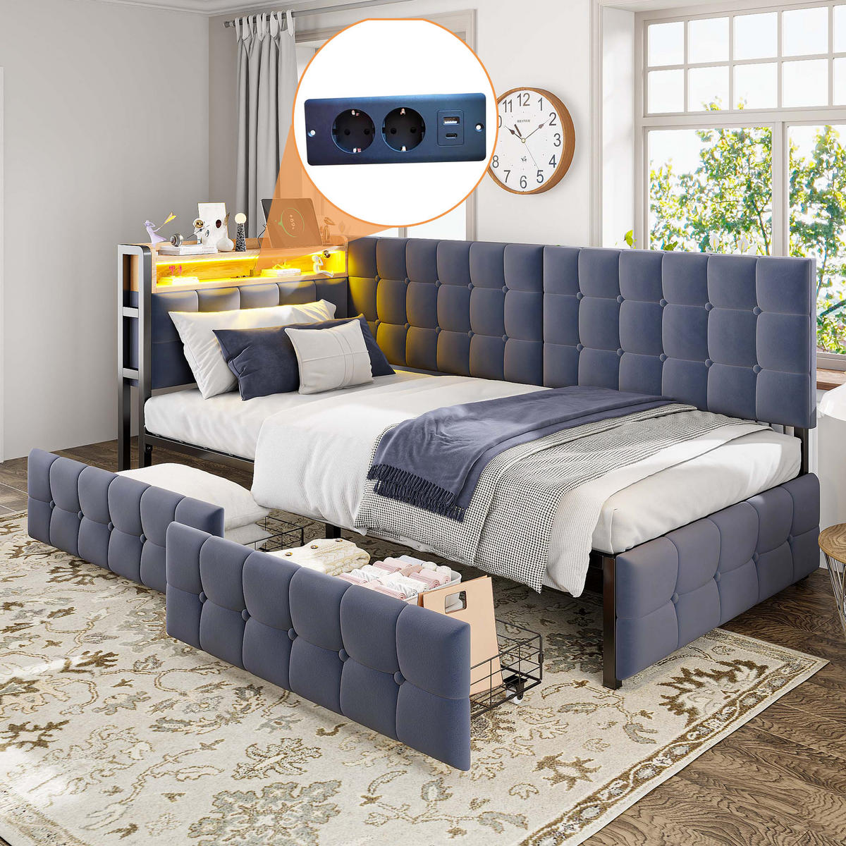 POLSTERBETT 90/200 cm grau mit 2 Schubladen und LED-Lampe - Dunkelgrau, Textil (90/200cm) - OKWISH