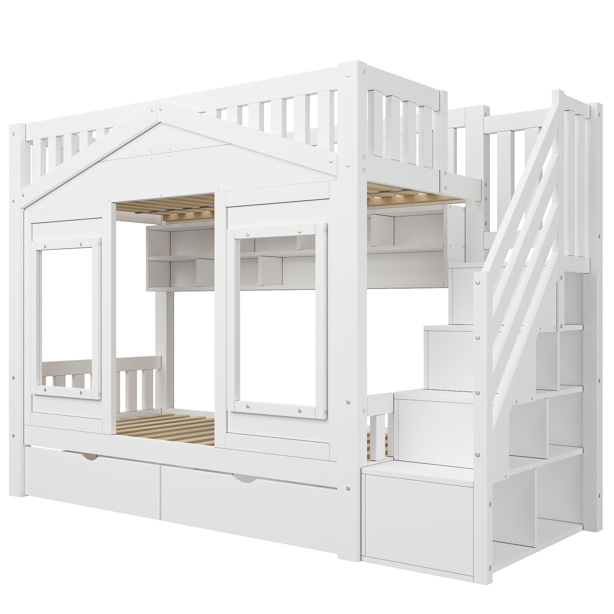 ETAGENBETT 90/200 cm DE-32831 mit Stauraumtreppe und Haus-Design Weiß - Weiß, Holzwerkstoff (90/200cm) - ComfortXL