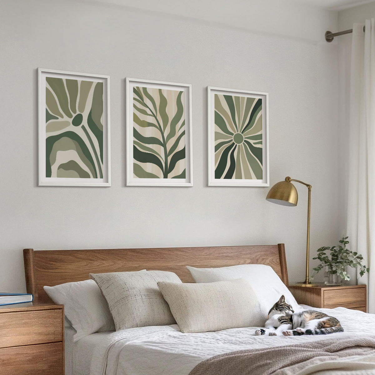 WANDBILDER 3er-Set - 40x60 cm Weißer Rahmen - Grüne und beige Pflanzenmuster - Weiß, Kunststoff (40/60cm) - ArtPrintCave