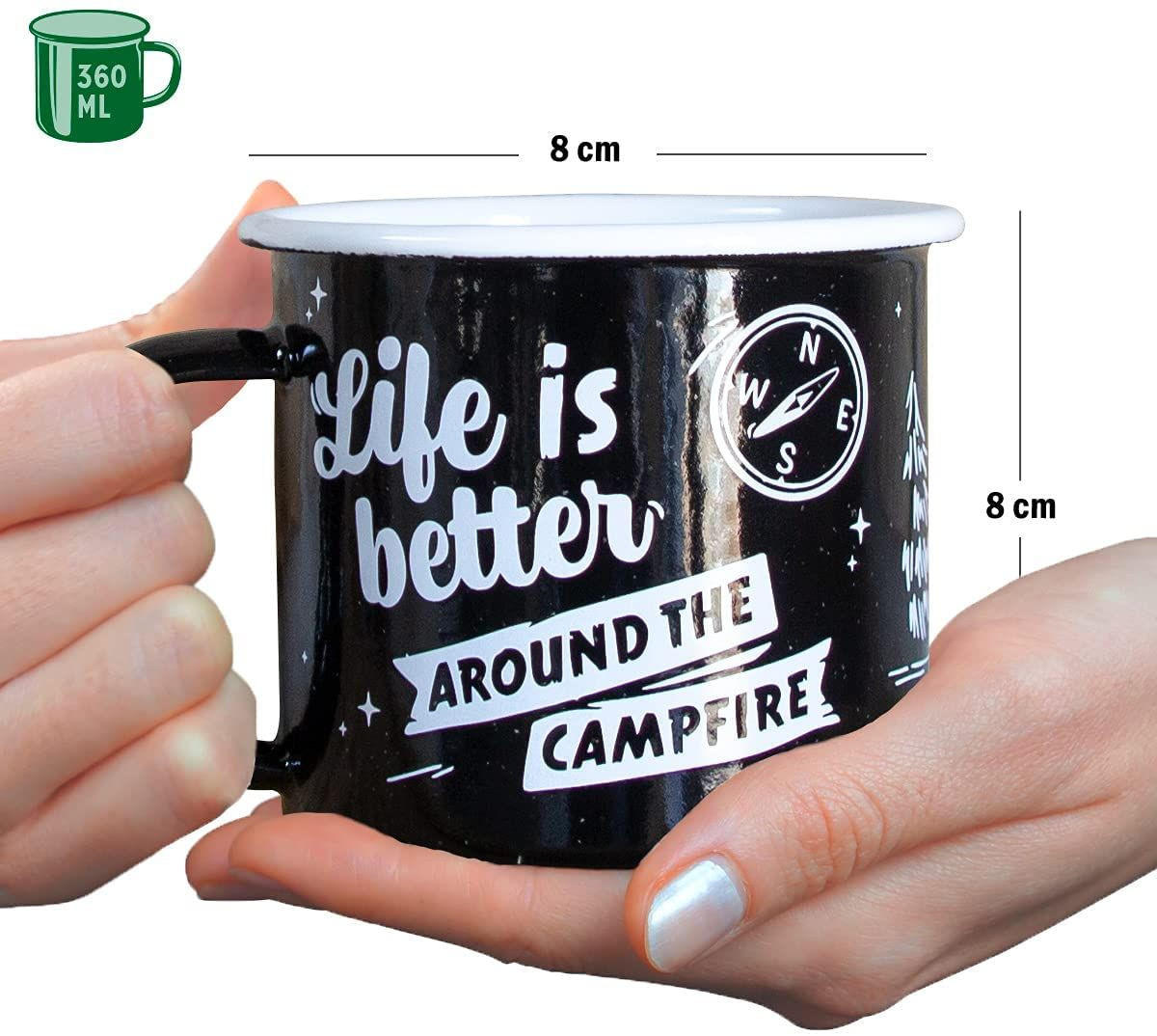 EMAILLE-BECHER 360 ml Outdoor & Activties Life Is Better Around The Campfire - Schwarz/Weiß, Metall (0.36L) - Nostalgic-Art