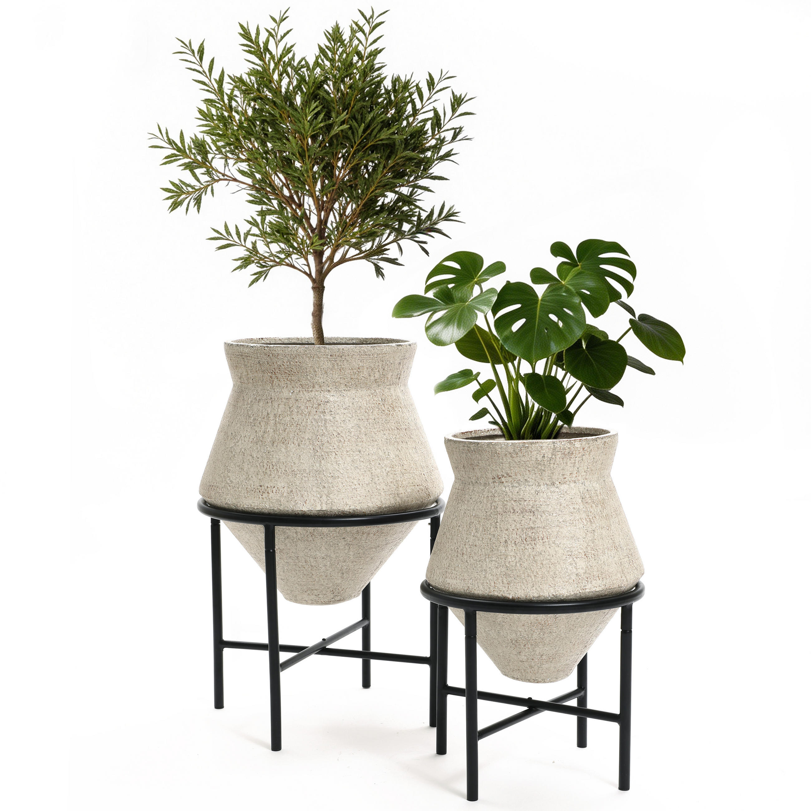 BLUMENTOPF Set 2er aus Eisen, Durchmesser 31& 25cm - Beige, Metall (40/62/40cm) - Hometopia