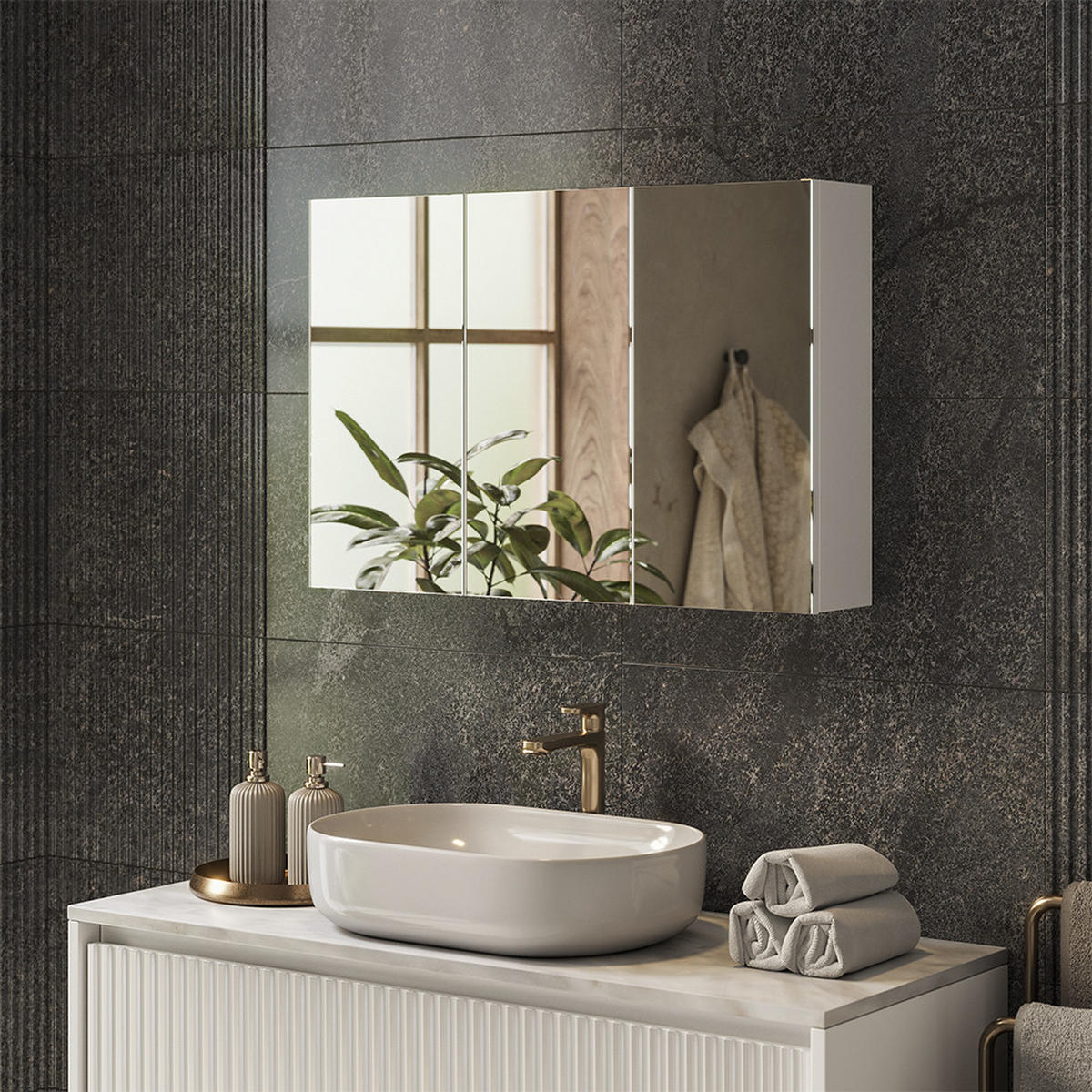 KOPALNIŠKA OMARICA Z OGLEDALOM Lavia, Bela, 90 x 60.2 cm - bela, leseni material (90/170/17cm) - Vicco