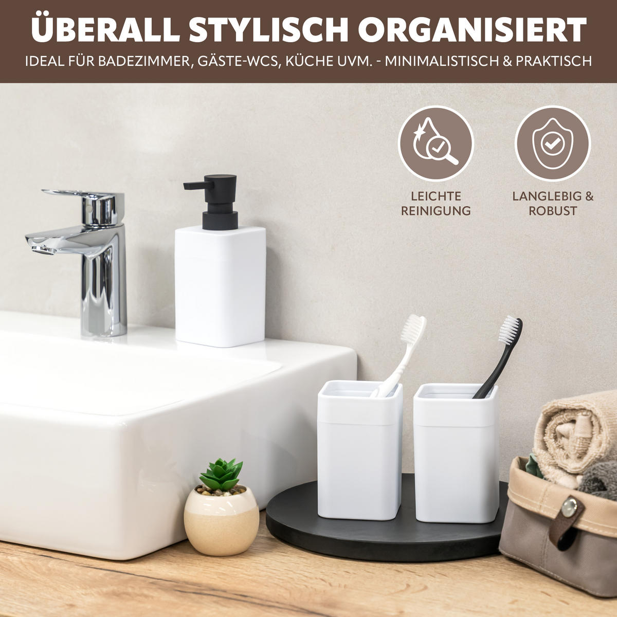 BADEZIMMER-SET SAVONA, Soft-Touch, weiß, eckig - Weiß, Kunststoff (7/16/9cm) - bremermann