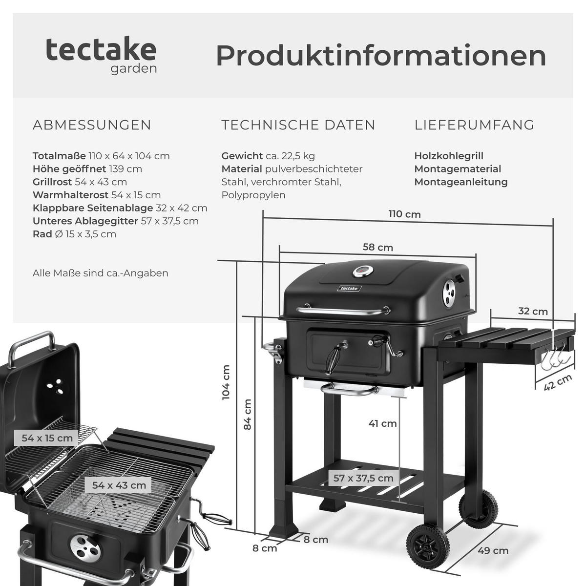 HOLZKOHLEGRILL Florian, 110 x 64 x 104 cm, untere Gitterablage, schwarz - Schwarz, Metall (110/104/64cm) - tectake