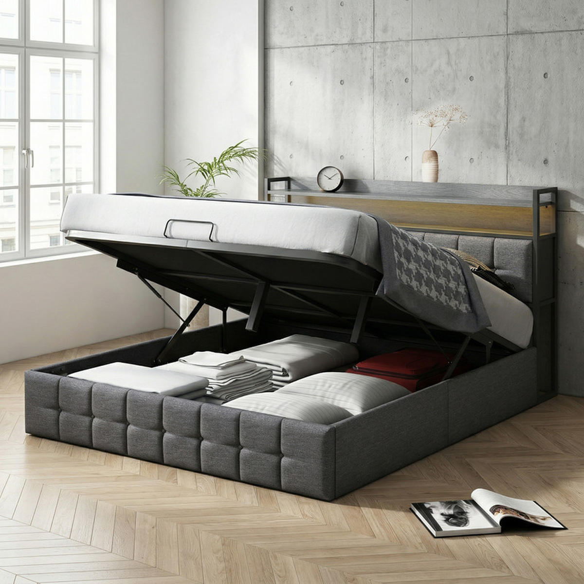 POLSTERBETT 140/190 cm grau mit Stauraum, LED und USB - Grau, Holz