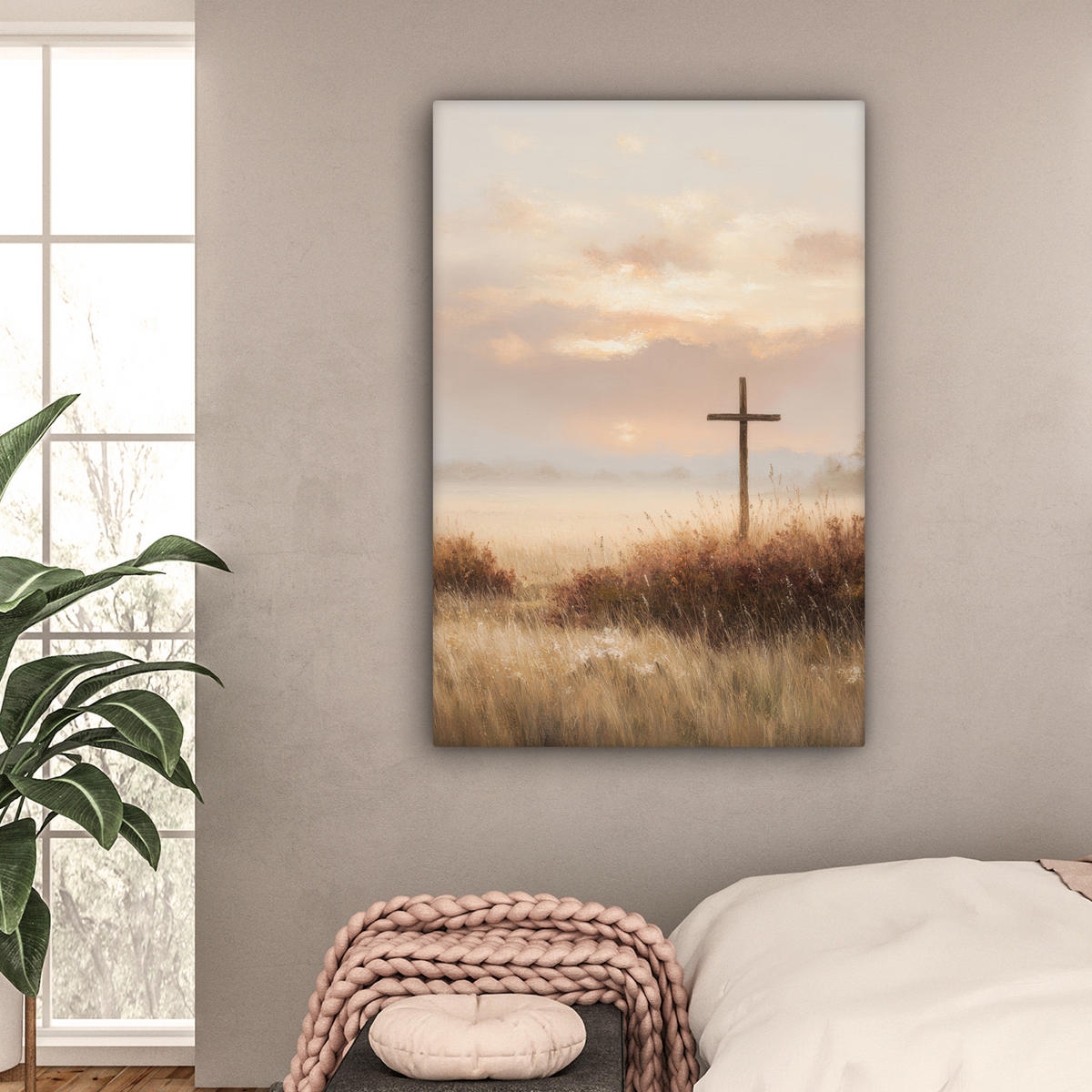 LEINWANDBILD Gras - Morgennebel - Kreuz - Christentum Deko Groß 90x140 cm - Beige, Textil (90/140cm) - MuchoWow
