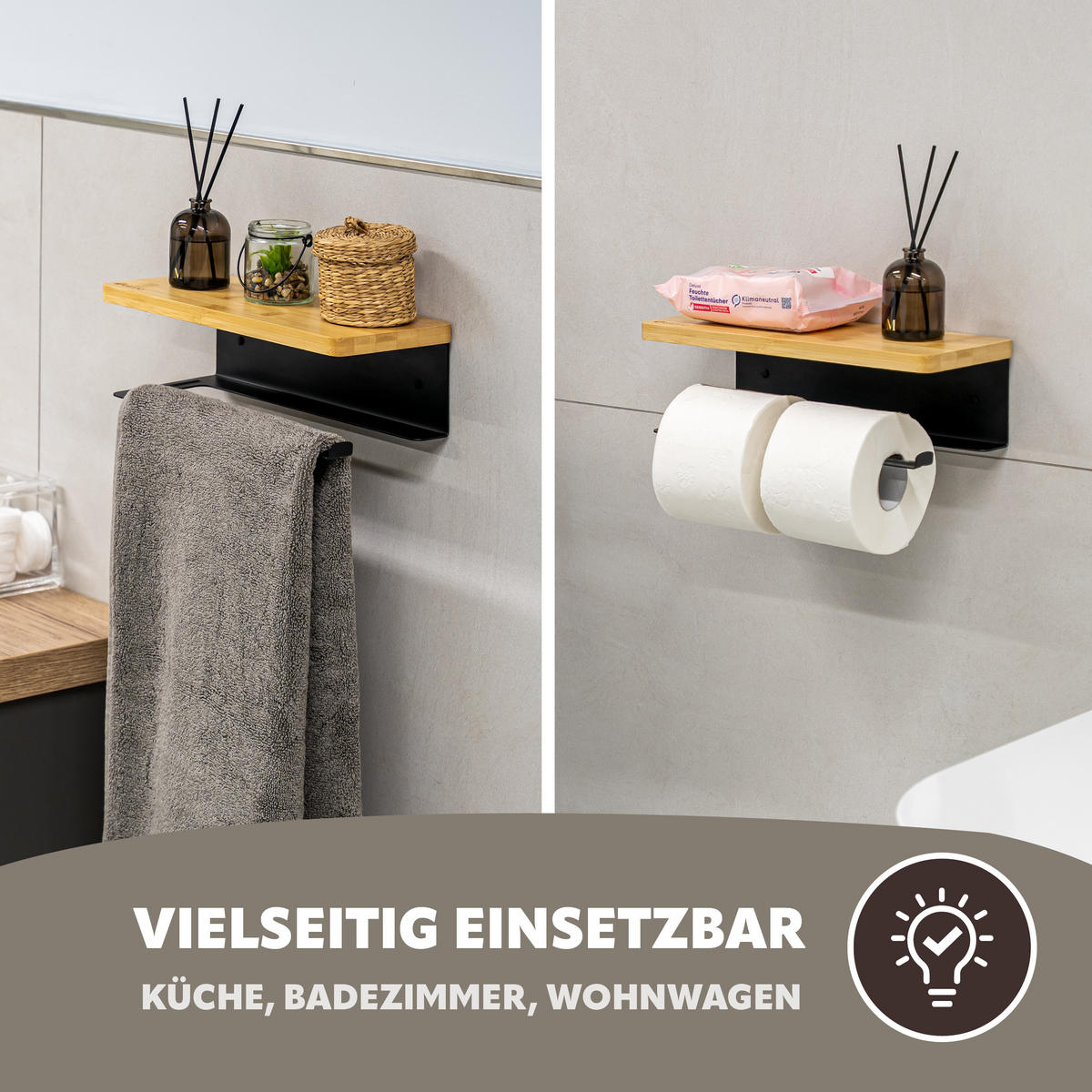 KÜCHENROLLENHALTER mit Bambusablage - Schwarz, Metall (32/9.5/13cm) - eluno