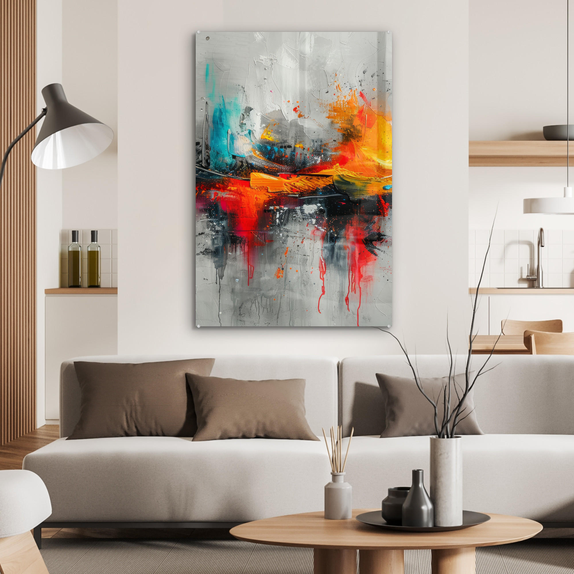 ACRYLGLASBILD Moderne Kunst - Orange - Grau - Abstrakt 60x90 cm - Hellgrau, Glas (60/90cm) - MuchoWow