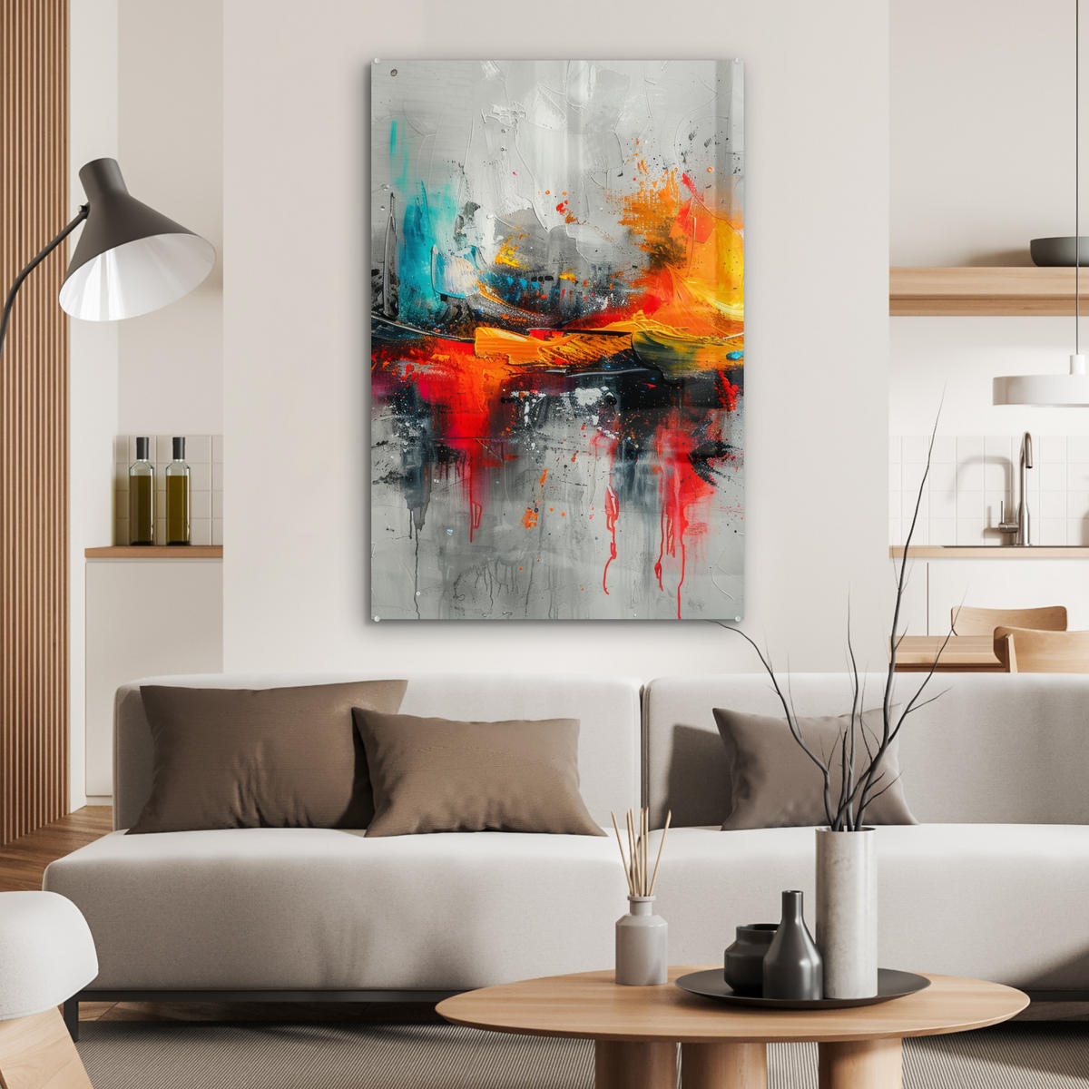 ACRYLGLASBILD Moderne Kunst - Orange - Grau - Abstrakt 60x90 cm - Hellgrau, Glas (60/90cm) - MuchoWow