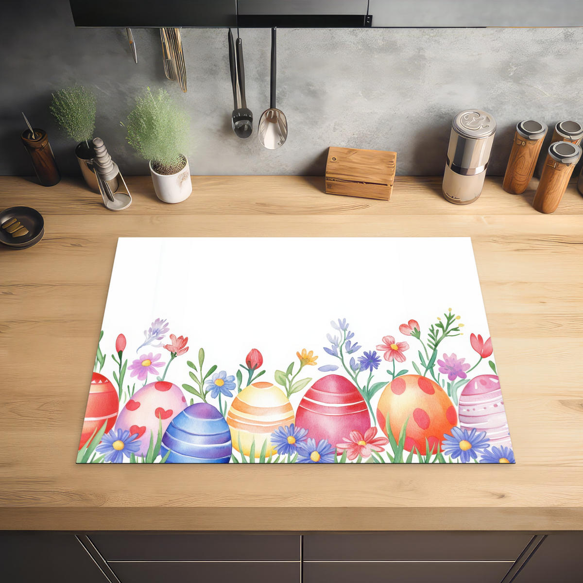 HERDABDECKPLATTE Blumengarten - Bunt - Eier Herdabdeckung Induktionsfeld 70x52 cm - Weiß, Kunststoff (70/52/0.2cm) - MuchoWow