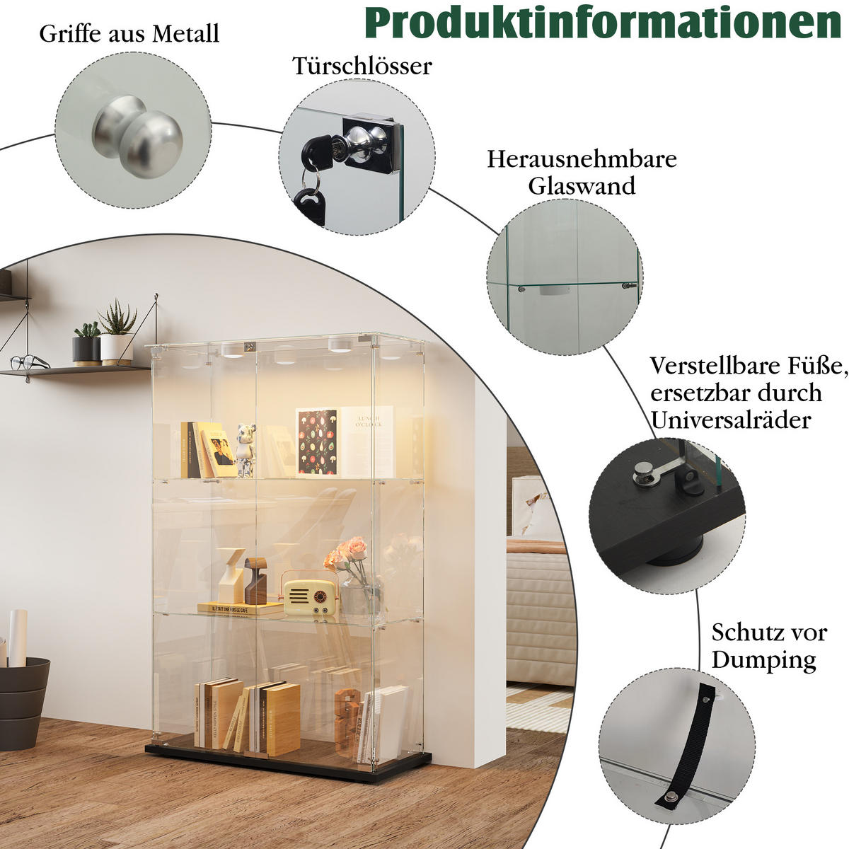 GLASVITRINE Schwarz Mit LED, 2 Türen, 3 Regalen & Schloss - Schwarz, Holz (35/123.3/78.5cm)