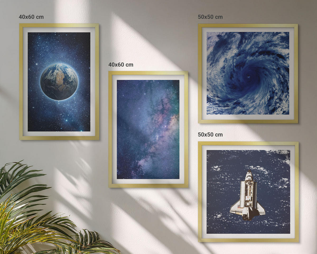 WANDBILDER 4er Set - 50x50 cm & 40x60 cm Goldrahmen - Erde Weltraumsturm Galaxie - Goldfarben, Kunststoff (50/50cm) - ArtPrintCave