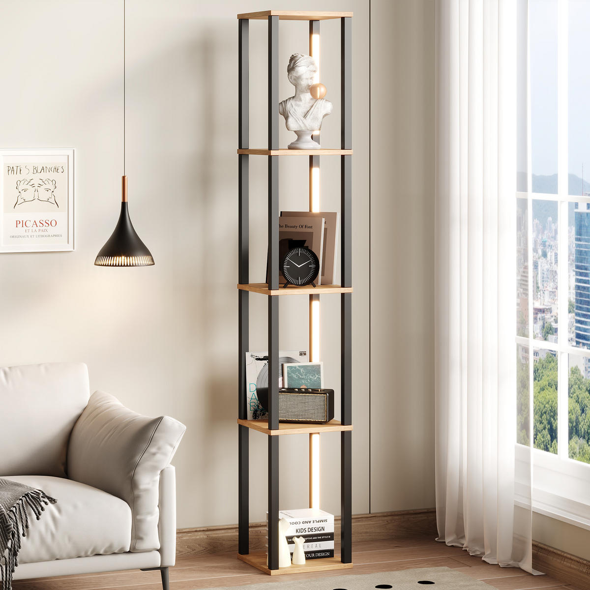 VITRINE in Schwarz Regal mit einstellbare LED-Beleuchtung, 26/26/165 cm - Naturfarben, Holzwerkstoff (26/165/26cm) - STILVORA