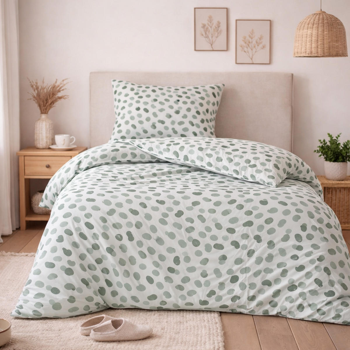 BETTWÄSCHE Byrklund 2-teilig 135x200/80x80cm Spotty Animal Green - Weiß, Naturmaterialien (135/200cm)