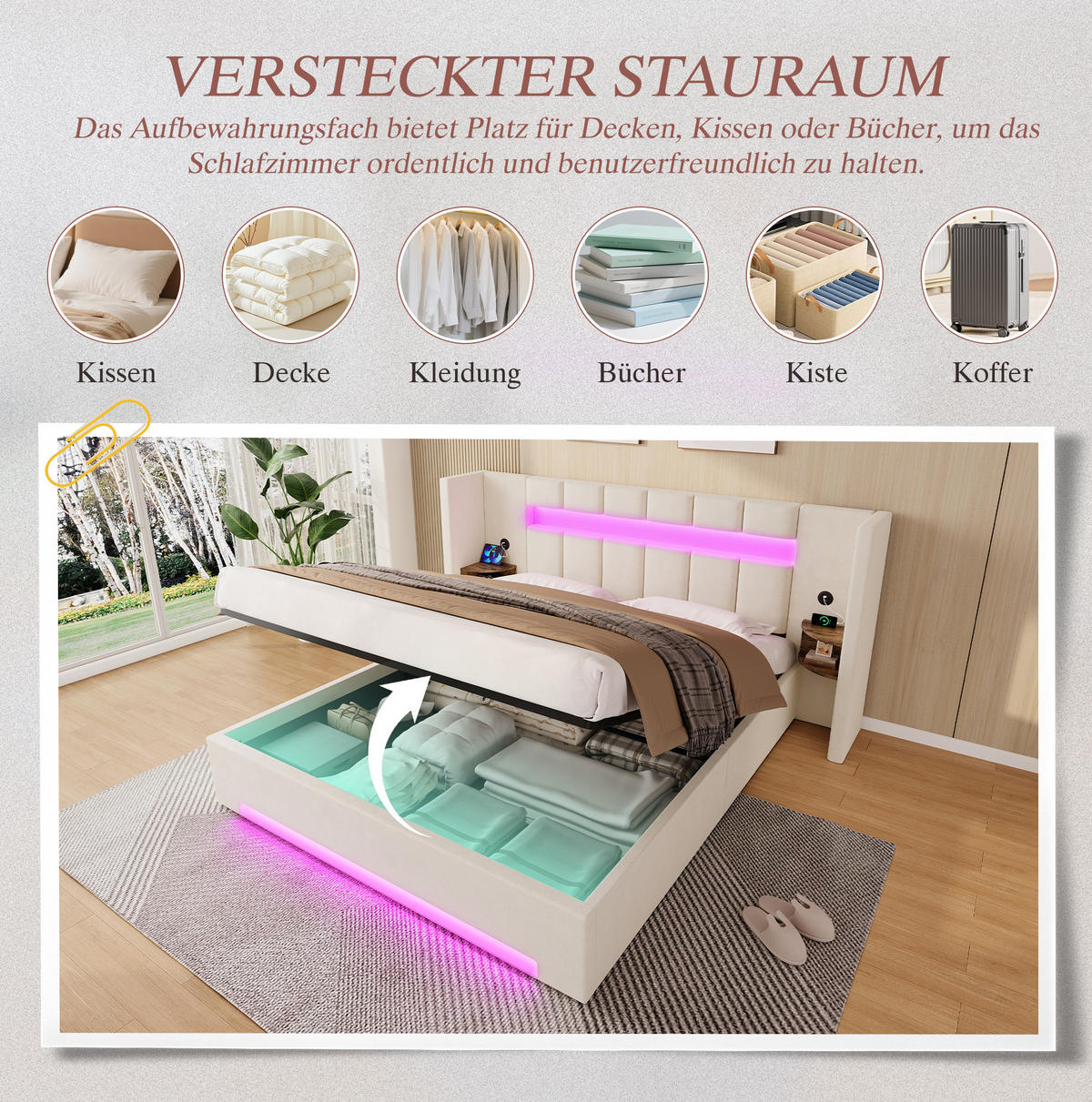 BETT mit USB, LED und Stauraum 180x200 cm Samt Beige - Beige, Metall (180/200cm) - Meubliv
