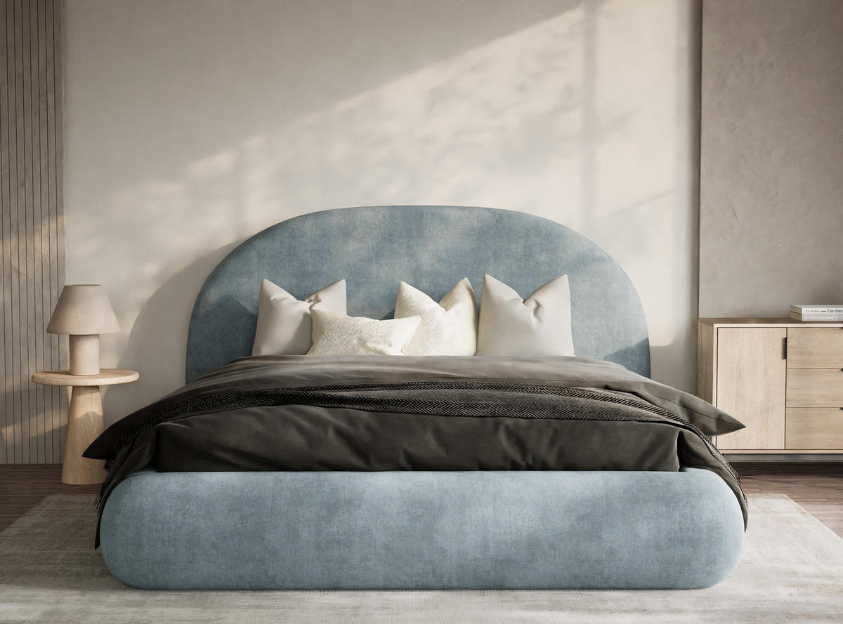 POLSTERBETT Maumere Hellblau 160/200 cm im Chenille-Stoff - Schwarz/Naturfarben, Holz/Holzwerkstoff (160/200cm) - Maison de Reve