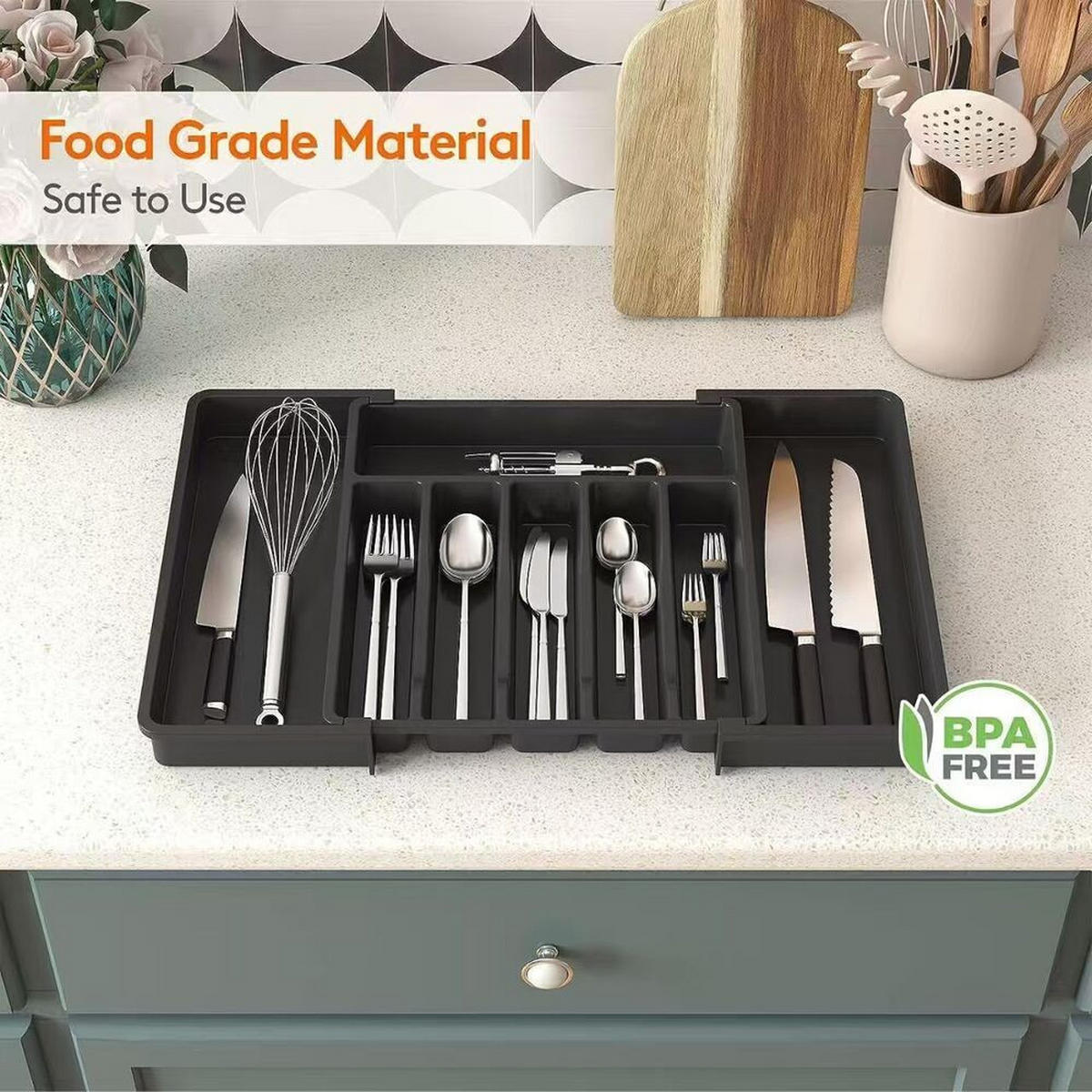BESTECKORGANIZER,AUSZIEHBAR & verstellbar,Schwarz, PP-Material,(33–57)cm × 38 cm - Schwarz, Kunststoff (38/5/33cm) - Authentics