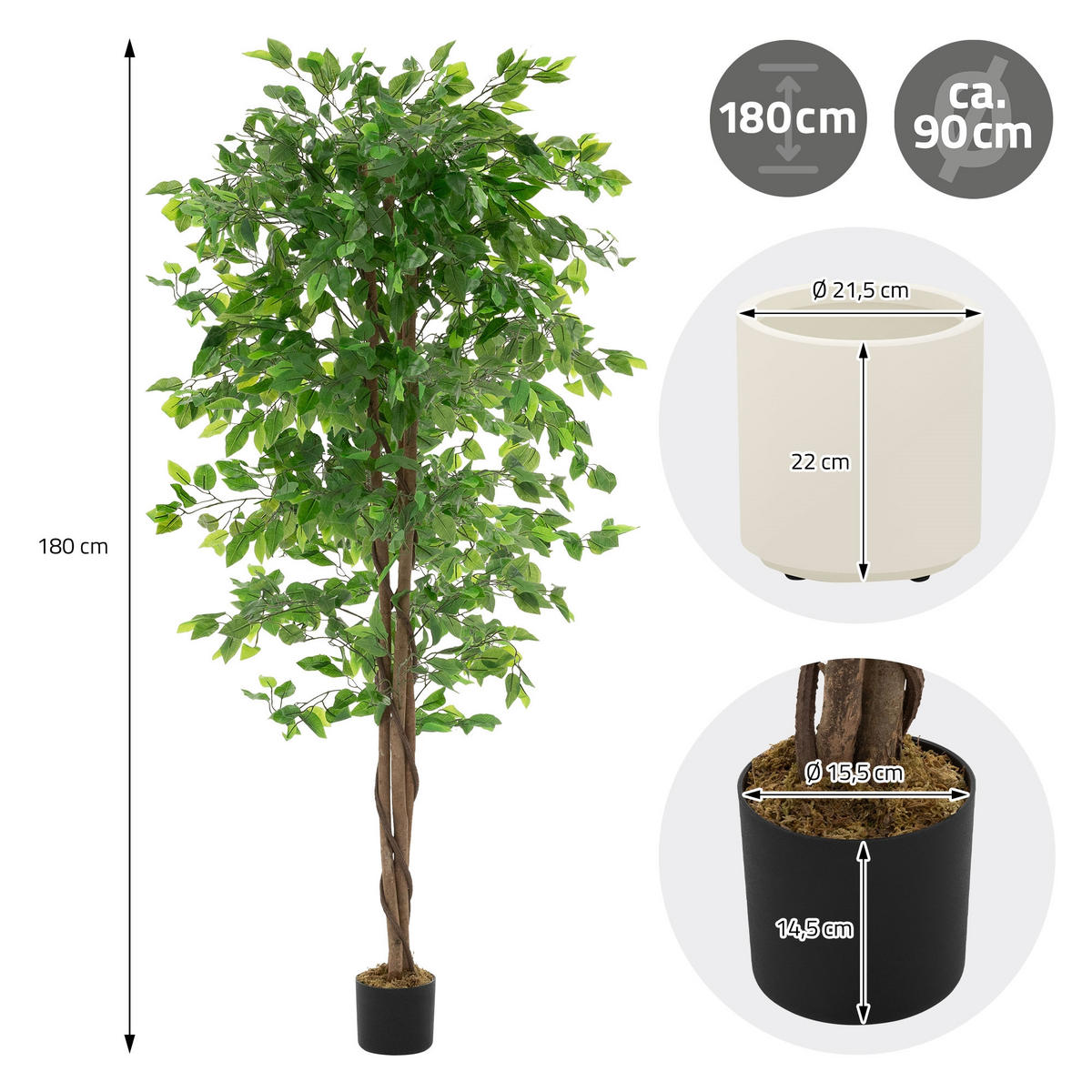 UMĚLÁ ROSTLINA Ficus 180 cm s kmenem z přírodního dřeva pro vnitřní i venkovní použití - černá/zelená barva, textil/plast (180cm) - ML-DESIGN