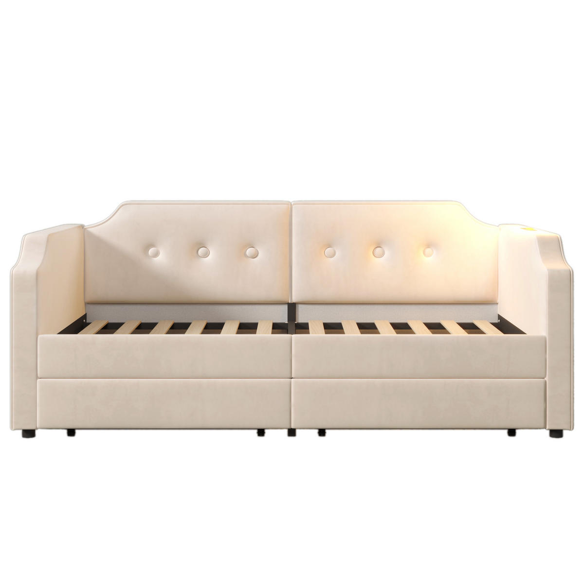 POLSTERBETT 90/200 cm aus Samt mit 2 Schubladen und USB- und Type-C-Anschlüssen - Beige, Textil (90/200cm) - Flora Grace