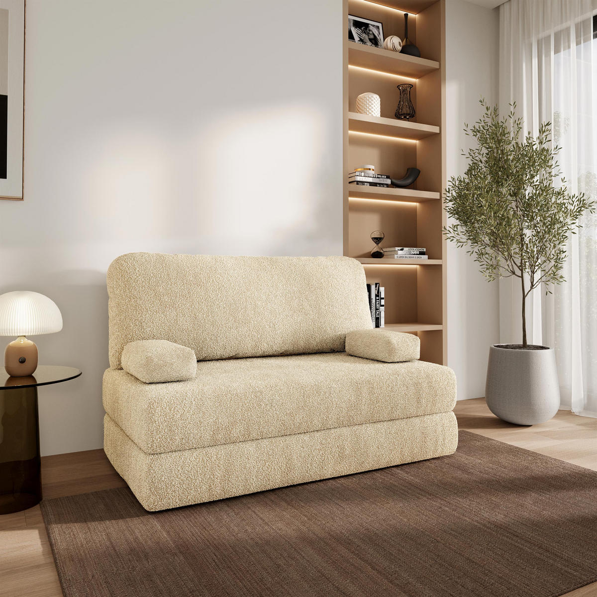 BETTSOFA KESTE aus Schaumstoff Bucle-Stoff Creme Schlaffunktion - Creme, Textil (140/86/60cm) - MASSENO