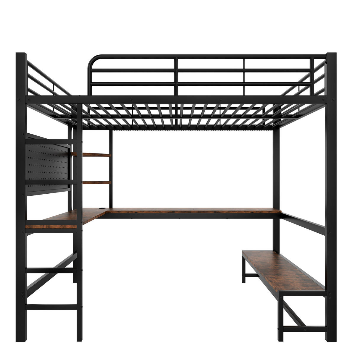 HOCHBETT 140/200 cm mit Schreibtisch, Regalen, Lochwand, LED und USB-/Type-C-Anschluss, Metall/MDF, Schwarz - Schwarz, Metall (90/200cm) - Redom