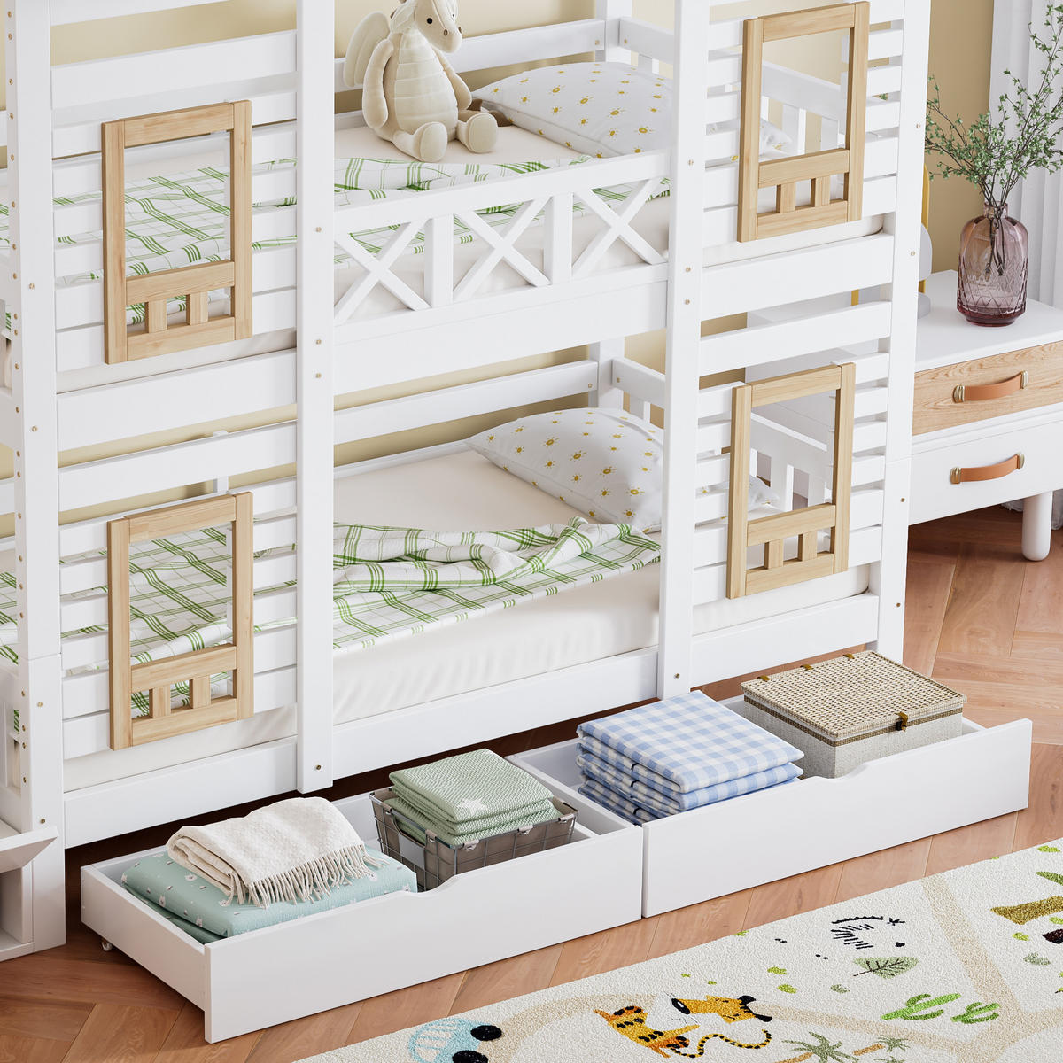 ETAGENBETT 90/200 cm weiß und natur aus Massivholz mit Treppe und Schubladen - Weiß, Holz (90/200cm) - OKWISH