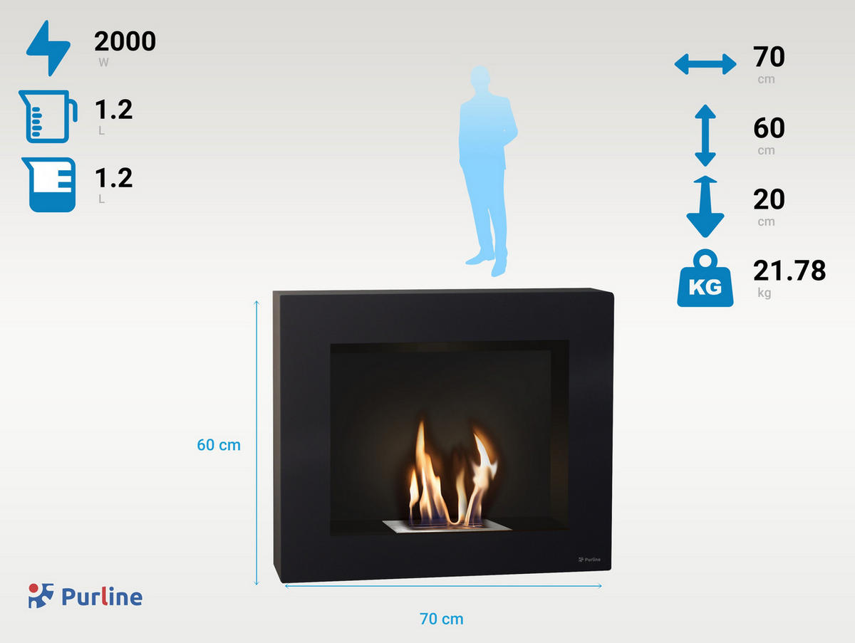 BIOETHANOL-KAMIN Schwarz Wandmodell inklusive 1.2 L Brennblock - Schwarz, Metall (70/60/20cm) - Purline