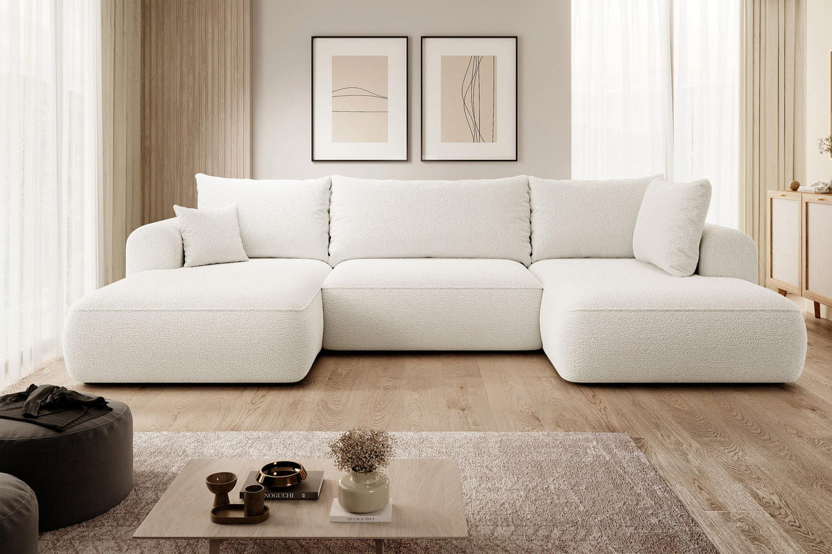 WOHNLANDSCHAFT Ovo Creme Boucle - Creme/Schwarz, Textil (380/95/167cm) - Selsey