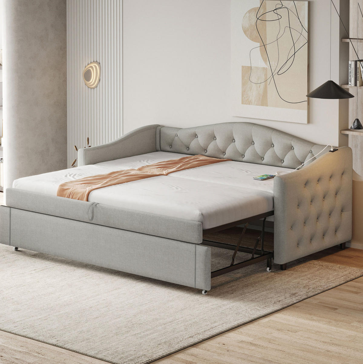 POLSTERBETT 90/200 cm Grau aus Leinen mit USB-Anschluss - Grau, Textil (90/200cm) - OKMYHOME