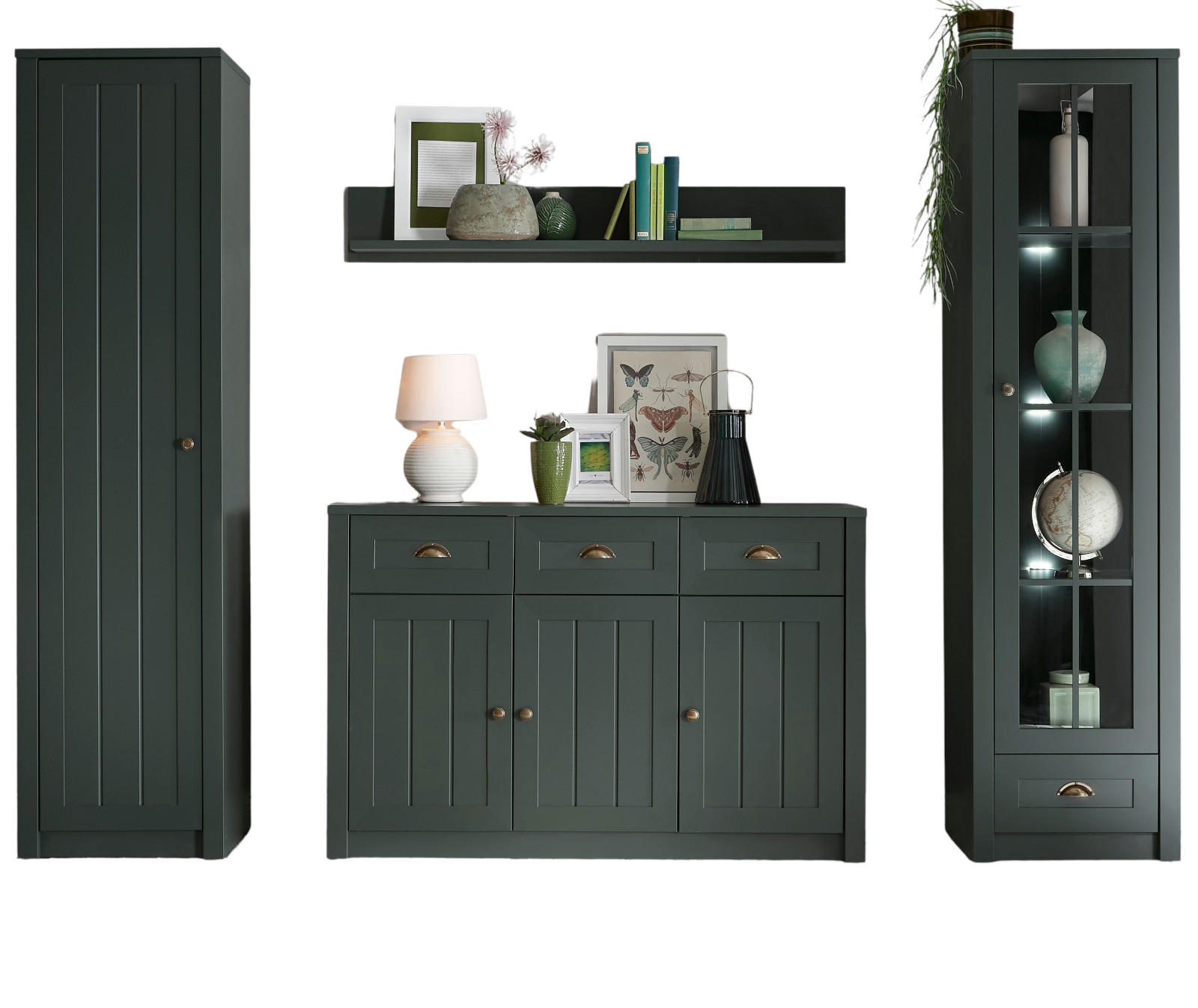 WOHNWAND grün Landhaus 4-teilig 270 cm, Wohnkombination mit viel Stauraum - Chromfarben/Schwarz, Glas/Holzwerkstoff (270/198/43cm) - Furn.Design