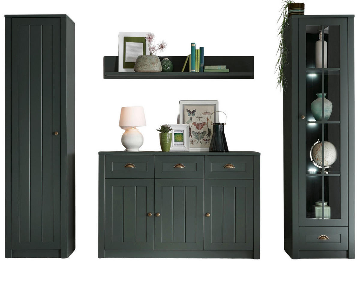 WOHNWAND grün Landhaus 4-teilig 270 cm, Wohnkombination mit viel Stauraum - Chromfarben/Schwarz, Glas/Holzwerkstoff (270/198/43cm) - Furn.Design